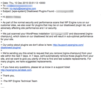 screenshot- WP Engine spam email